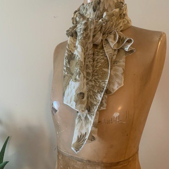 Vintage Scarf in 100% Georgette white, ivory and brown - in Hawk and Feathers - Picture 9 of 10